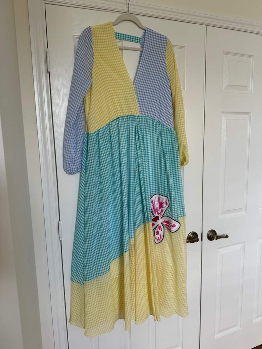 Girls' Colorblock Gingham Maxi Dress with Floral Applique - Yellow, Blue, Teal